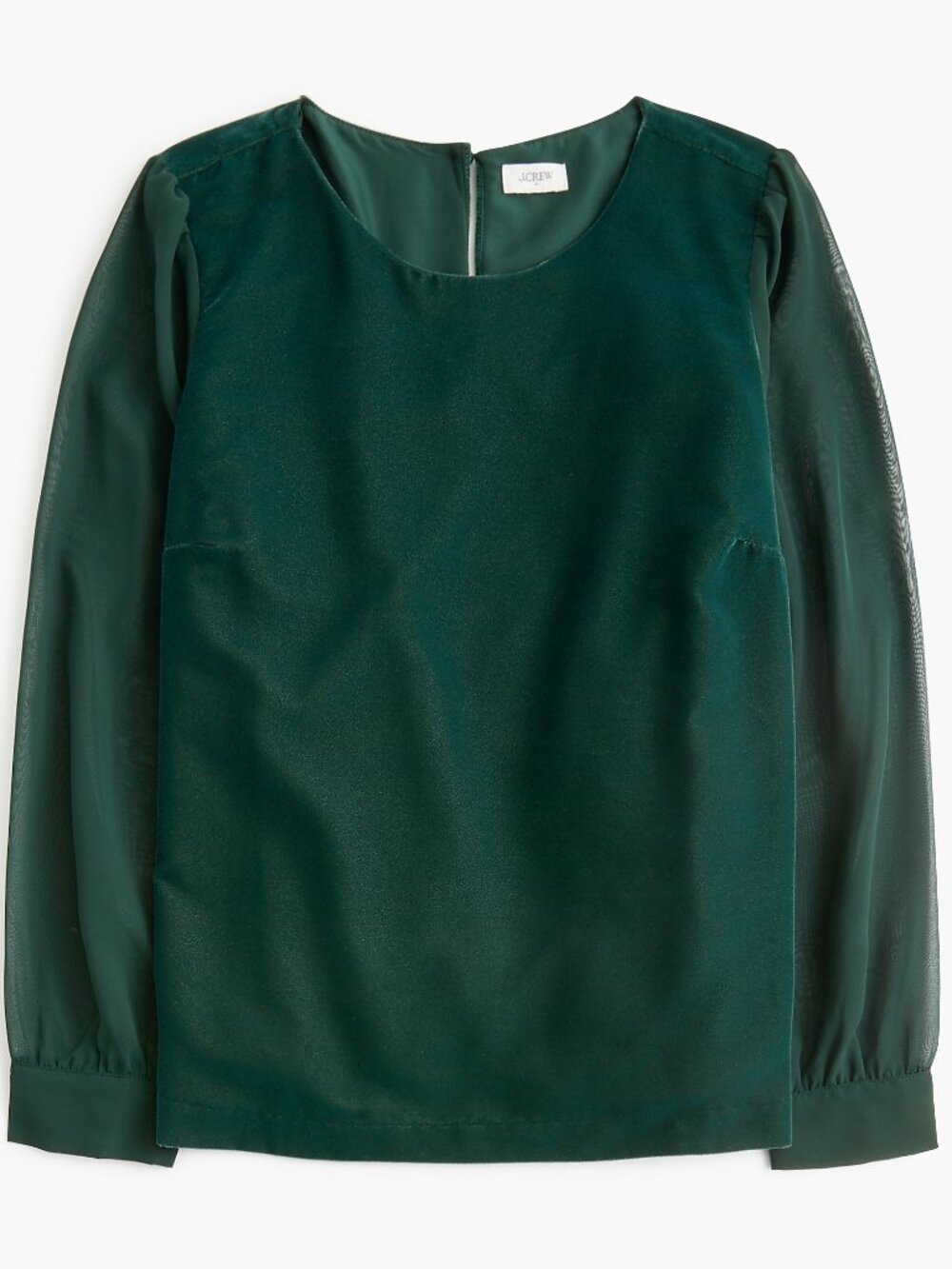 NWT J. Crew Size Small Dark Green Mixed Media Velvet Sheer Puff Sleeve Top NEW